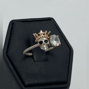 Sterling Silver 925 CZ Skull & Gold Plated Crown Rope Twist Ring | Sz 6.75